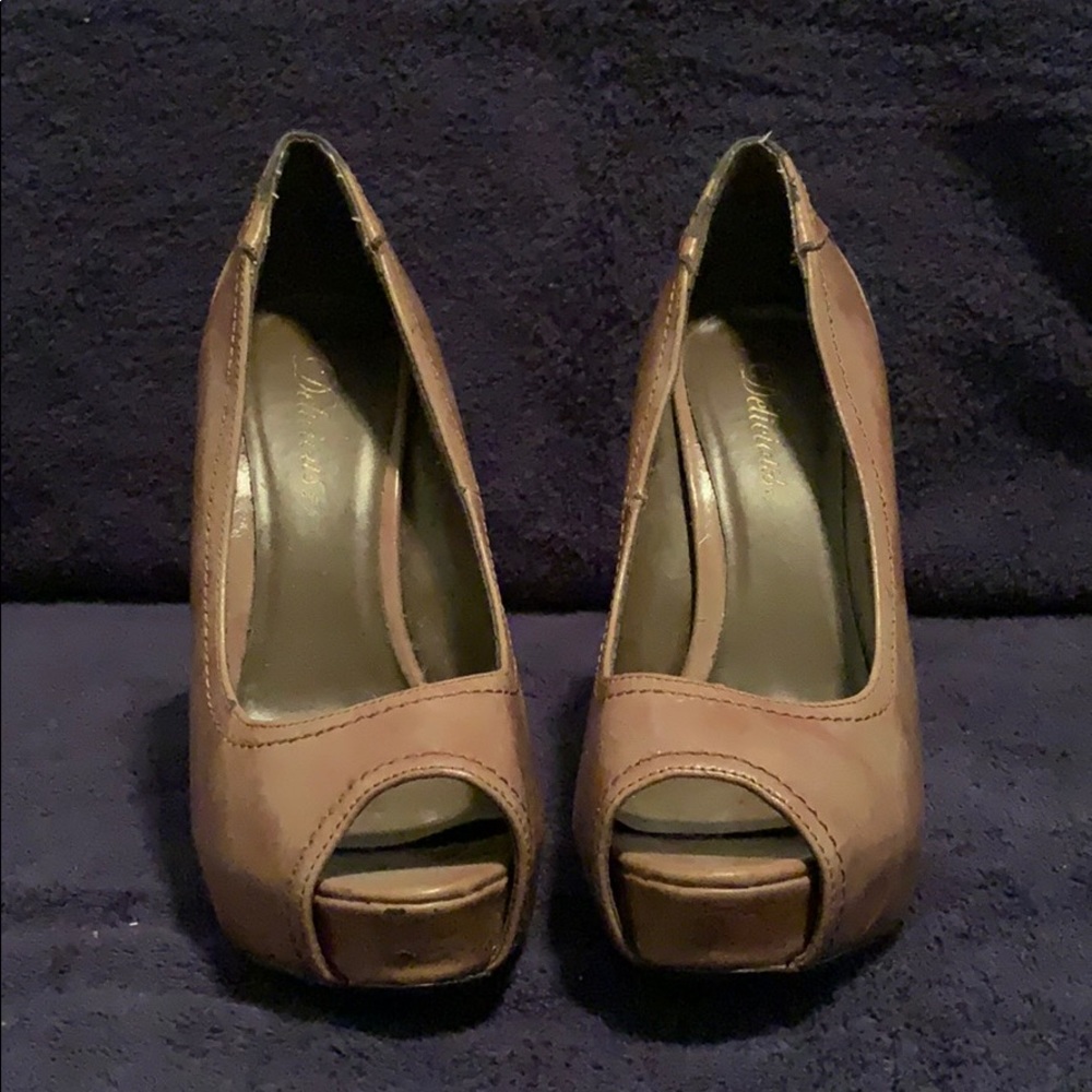 Brown leather peep-toe high heels